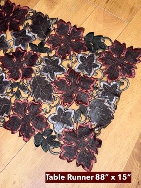 Vintage Burgundy Red Black Leaf Lace Table Runner 88" x 15" Fall Harvest Gothic
